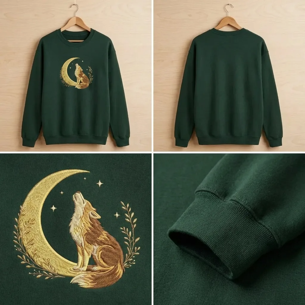 Embroidered Celestial Howling Wolf Sweatshirt, Woodland Crewneck