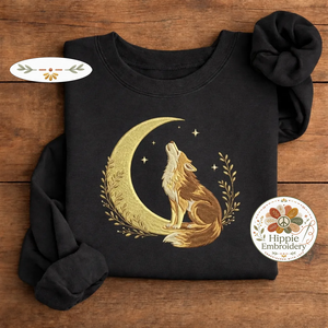 Embroidered Celestial Howling Wolf Sweatshirt, Woodland Crewneck
