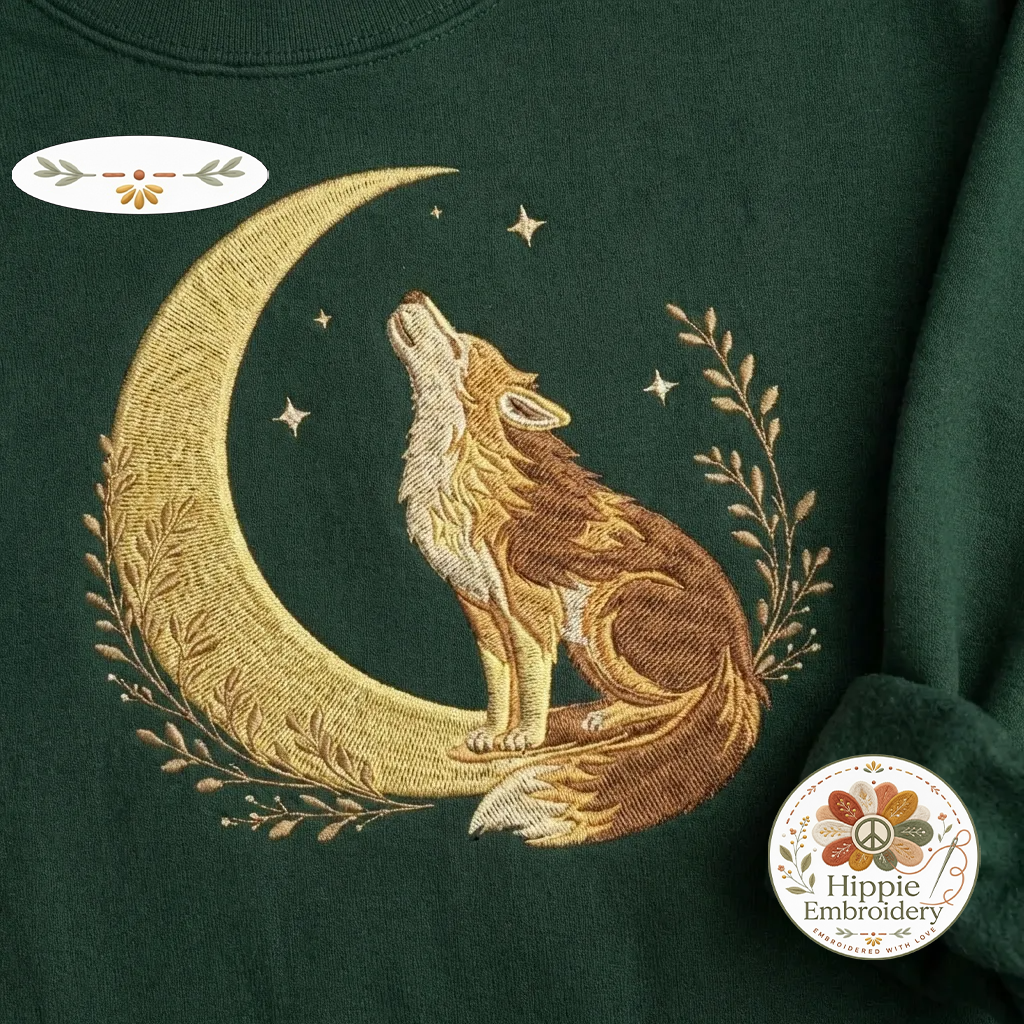 Embroidered Celestial Howling Wolf Sweatshirt, Woodland Crewneck