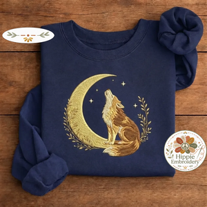 Embroidered Celestial Howling Wolf Sweatshirt, Woodland Crewneck