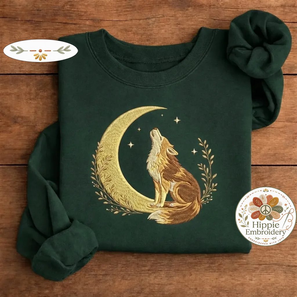 Embroidered Celestial Howling Wolf Sweatshirt, Woodland Crewneck