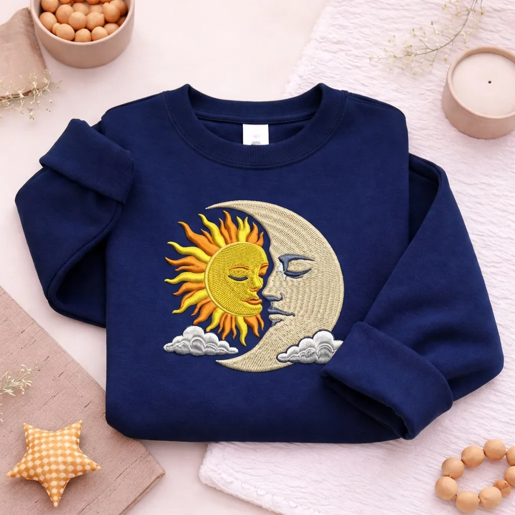 Embroidered Celestial Sun Moon Sweatshirt, Vintage Boho Top