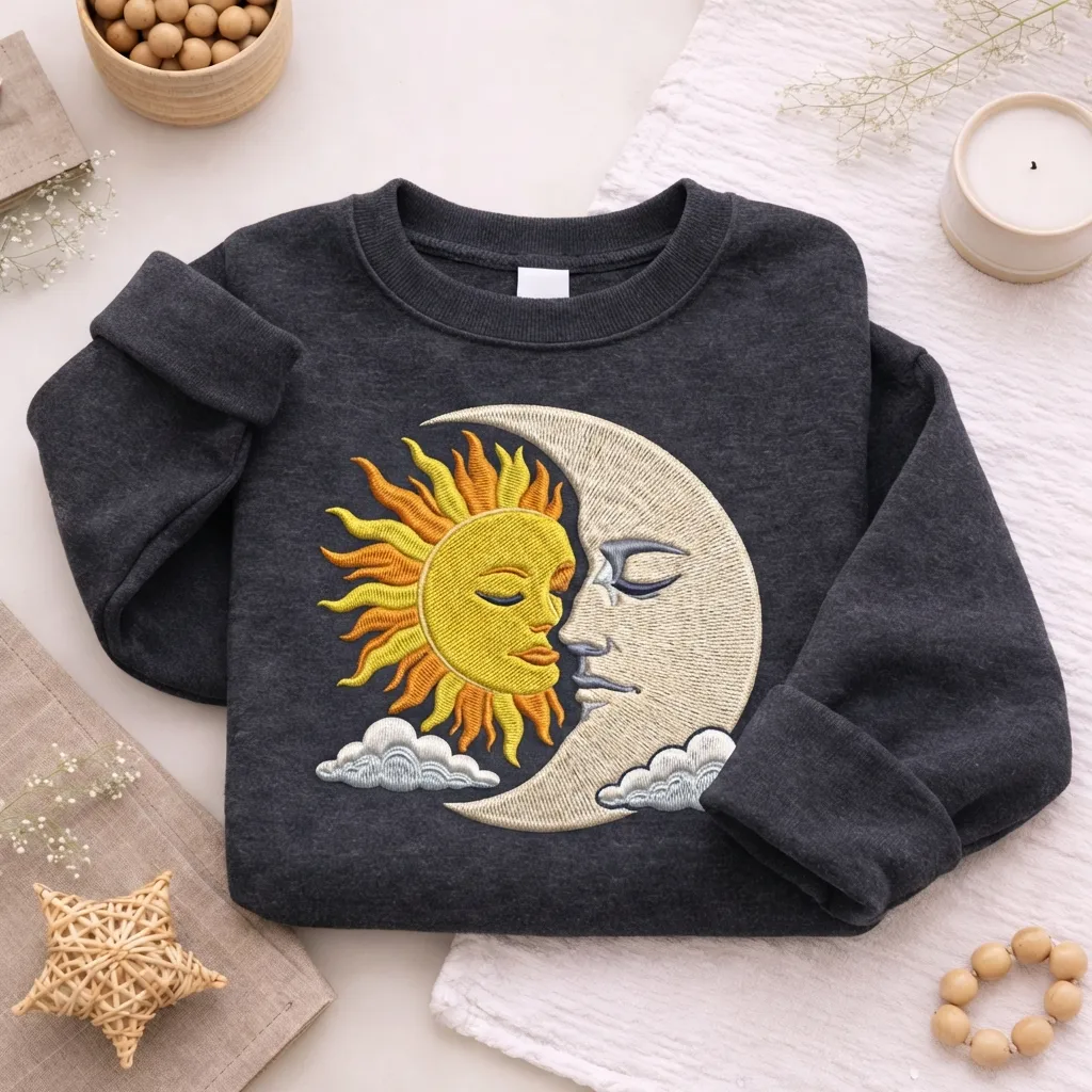 Embroidered Celestial Sun Moon Sweatshirt, Vintage Boho Top