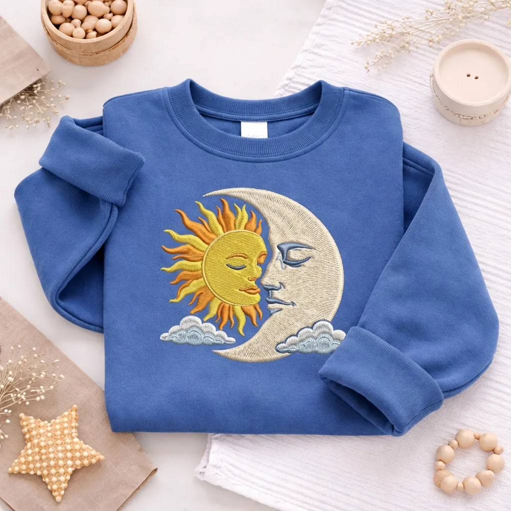 Embroidered Celestial Sun Moon Sweatshirt, Vintage Boho Top