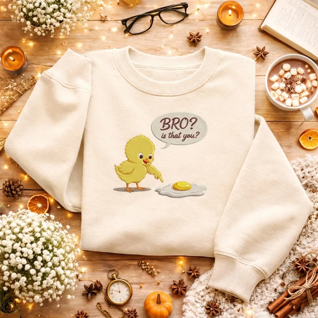 Embroidered Chicken Fried Egg Sweatshirt, Funny Foodie Top