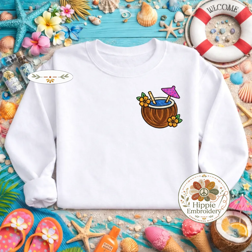 Embroidered Coconut Cocktail Sweatshirt, Summer Beach Vibe Top