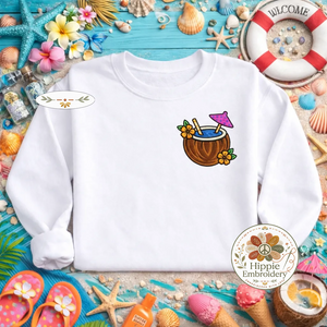Embroidered Coconut Cocktail Sweatshirt, Summer Beach Vibe Top