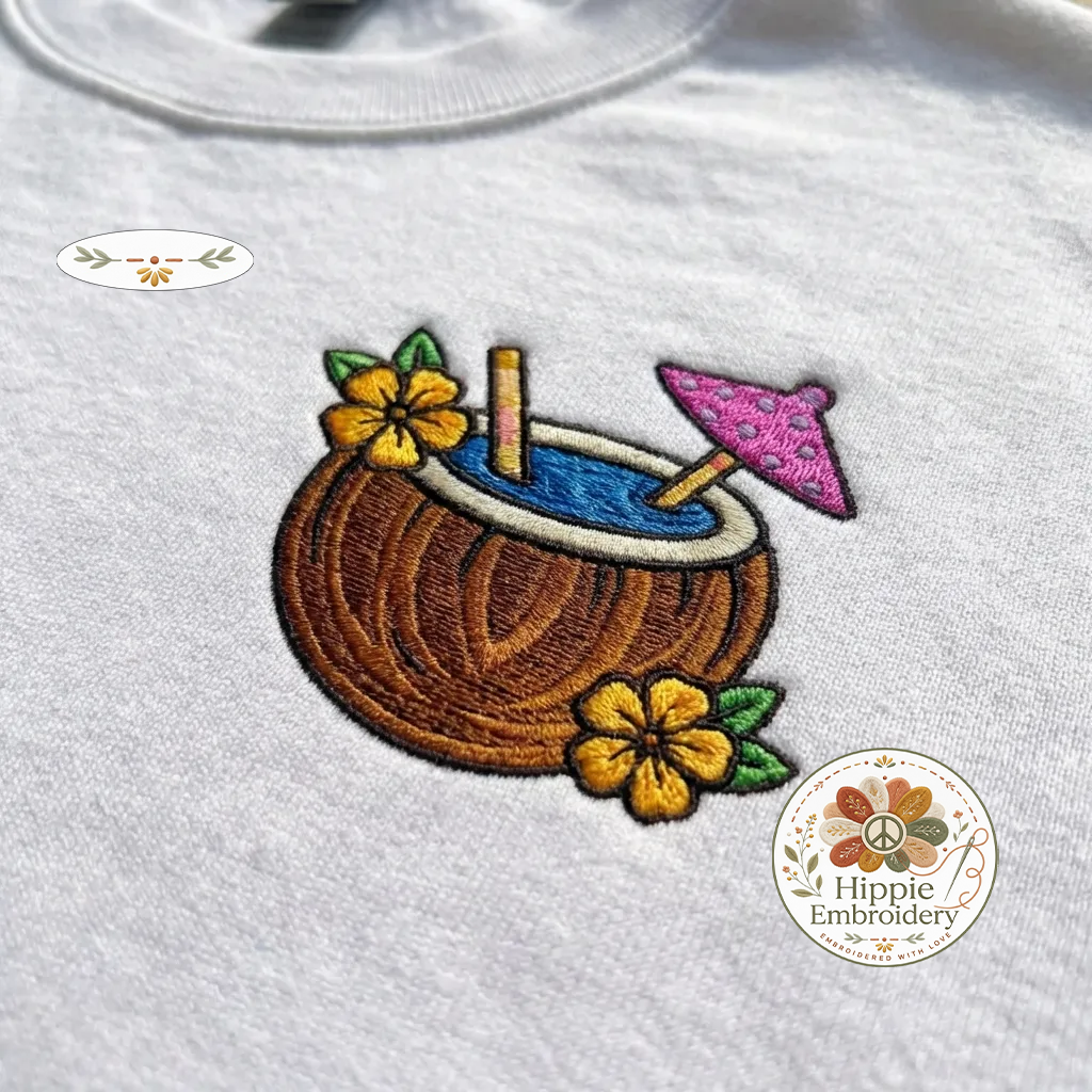 Embroidered Coconut Cocktail Sweatshirt, Summer Beach Vibe Top