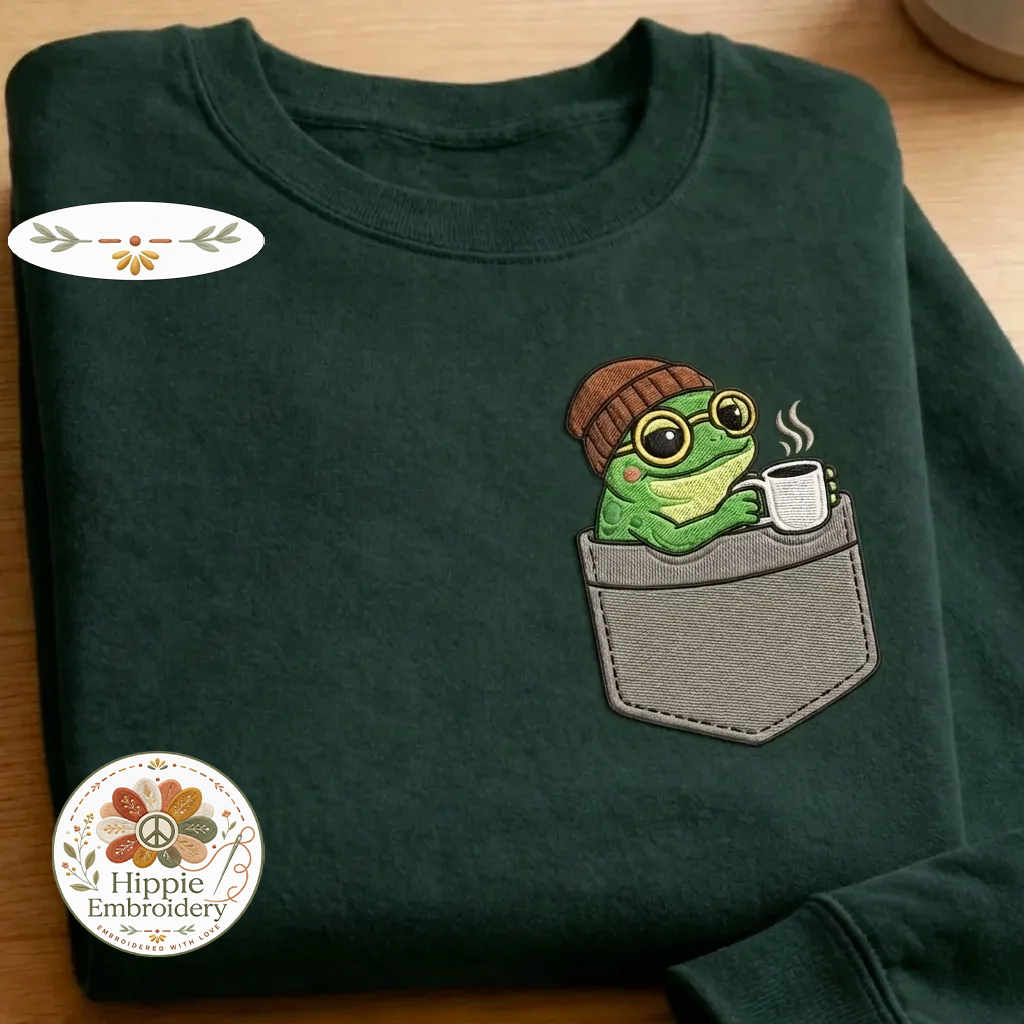 Embroidered Coffee Frog Faux Pocket Sweatshirt, Caffeine Crewneck