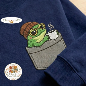 Embroidered Coffee Frog Faux Pocket Sweatshirt, Caffeine Crewneck