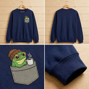 Embroidered Coffee Frog Faux Pocket Sweatshirt, Caffeine Crewneck