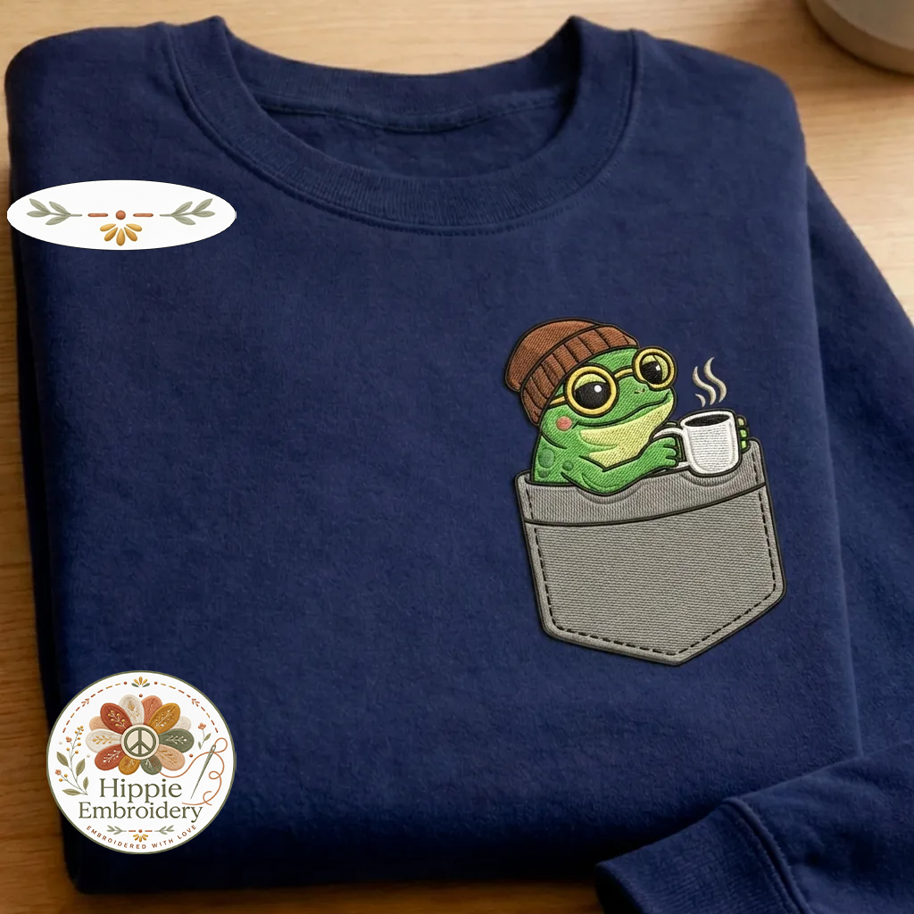 Embroidered Coffee Frog Faux Pocket Sweatshirt, Caffeine Crewneck