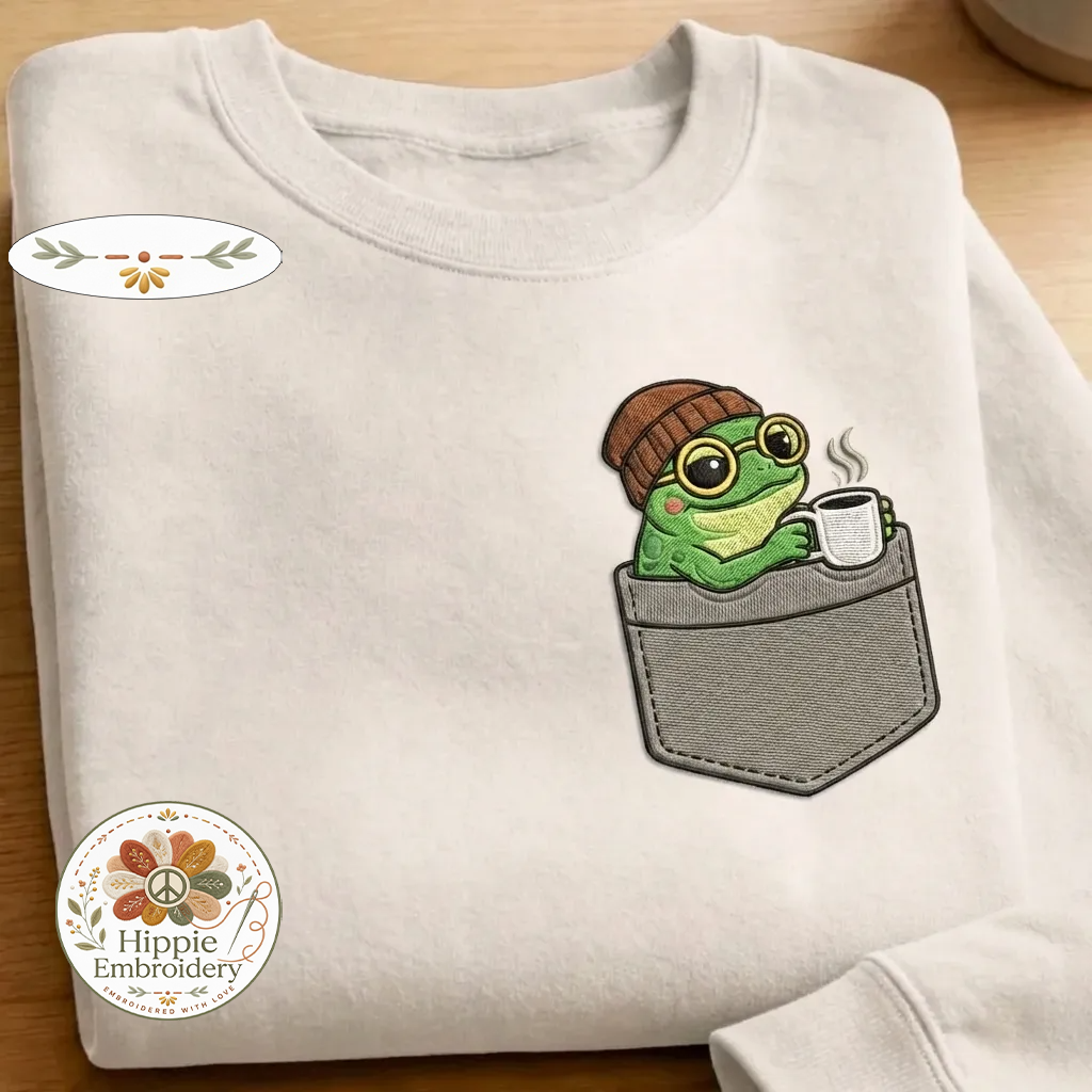 Embroidered Coffee Frog Faux Pocket Sweatshirt, Caffeine Crewneck