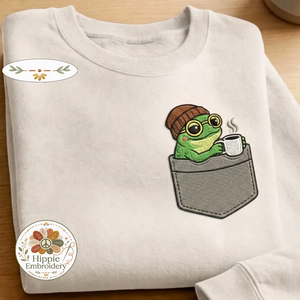 Embroidered Coffee Frog Faux Pocket Sweatshirt, Caffeine Crewneck