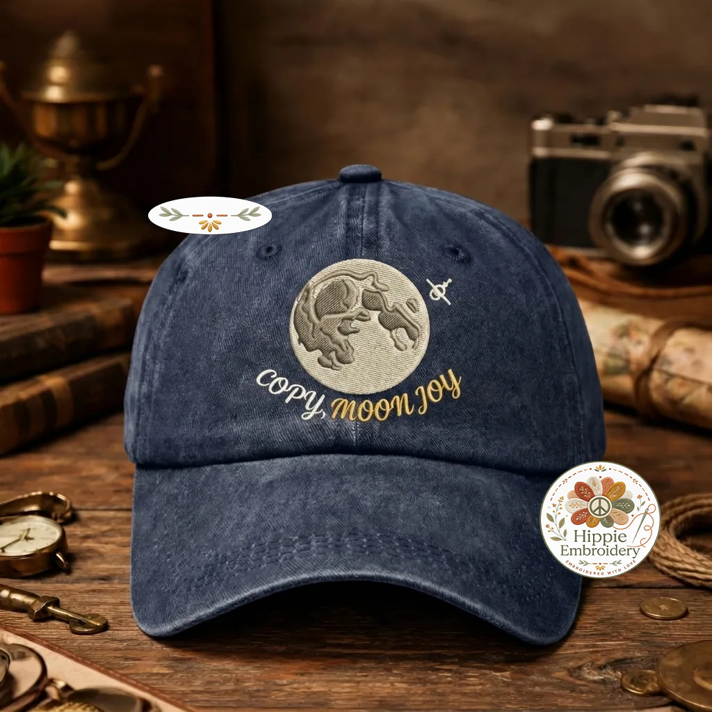 Embroidered Copy Moon Joy Hat, Moon Quote Washed Cap