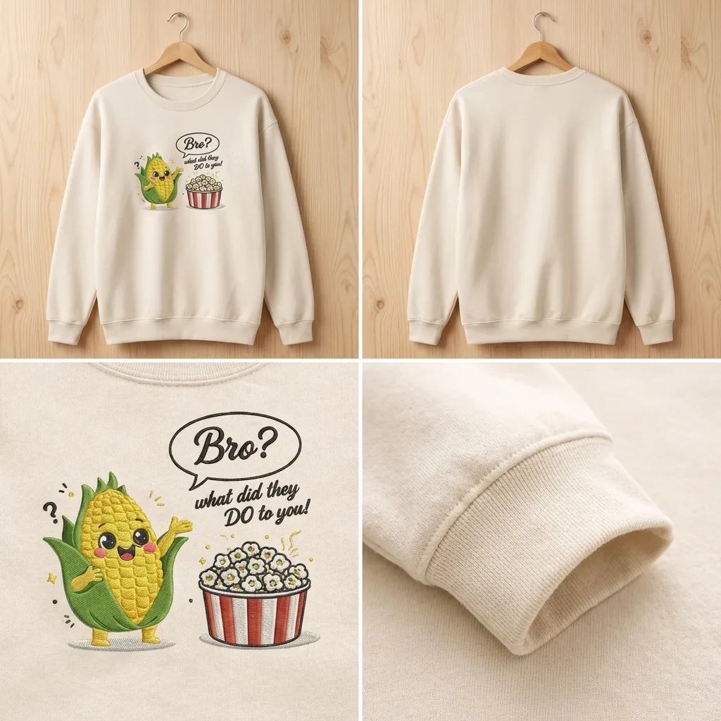 Embroidered Corn & Popcorn Sweatshirt, Funny Foodie Top