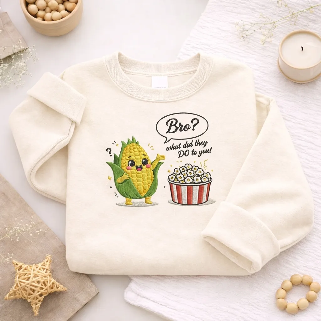 Embroidered Corn & Popcorn Sweatshirt, Funny Foodie Top