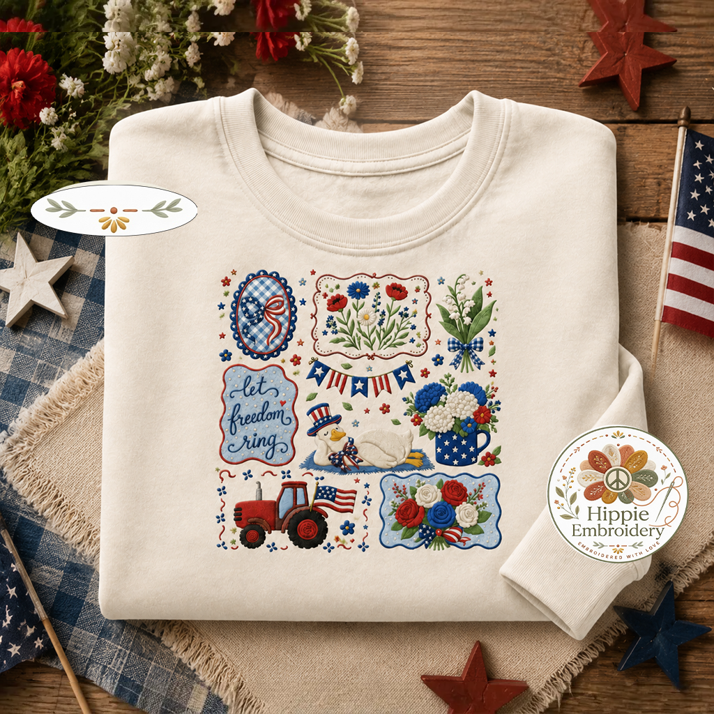 Embroidered Cottagecore Floral USA Goose Sweatshirt, July 4th Crew