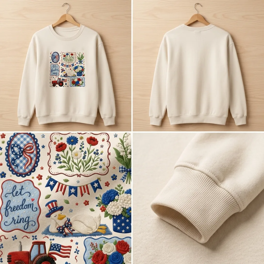 Embroidered Cottagecore Floral USA Goose Sweatshirt, July 4th Crew