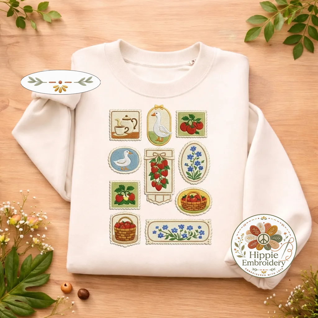 Embroidered Cottagecore Stamps Sweatshirt, Aesthetic Goose, Strawberries, Tea Kettles, Wildflowers Crewneck, Summer, Spring Gift for Her - 0289