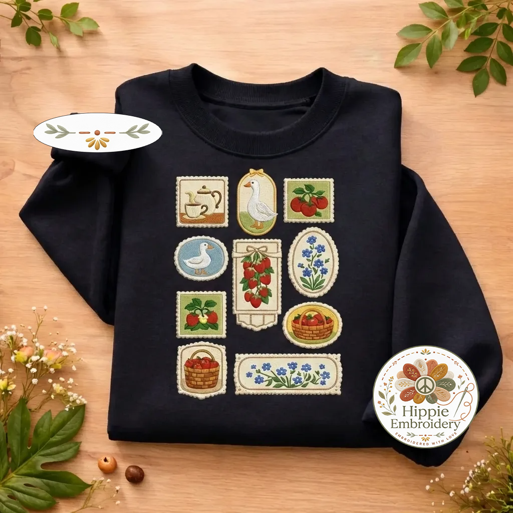 Embroidered Cottagecore Stamps Sweatshirt, Aesthetic Goose, Strawberries, Tea Kettles, Wildflowers Crewneck, Summer, Spring Gift for Her - 0289