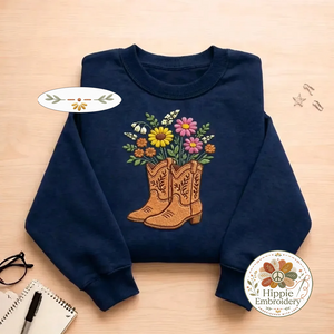 Embroidered Cowboy Boots Floral Sweatshirt, Western Flower Shirt