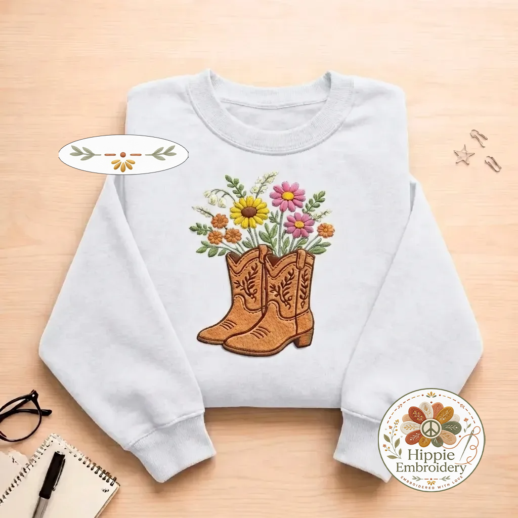 Embroidered Cowboy Boots Floral Sweatshirt, Western Flower Shirt
