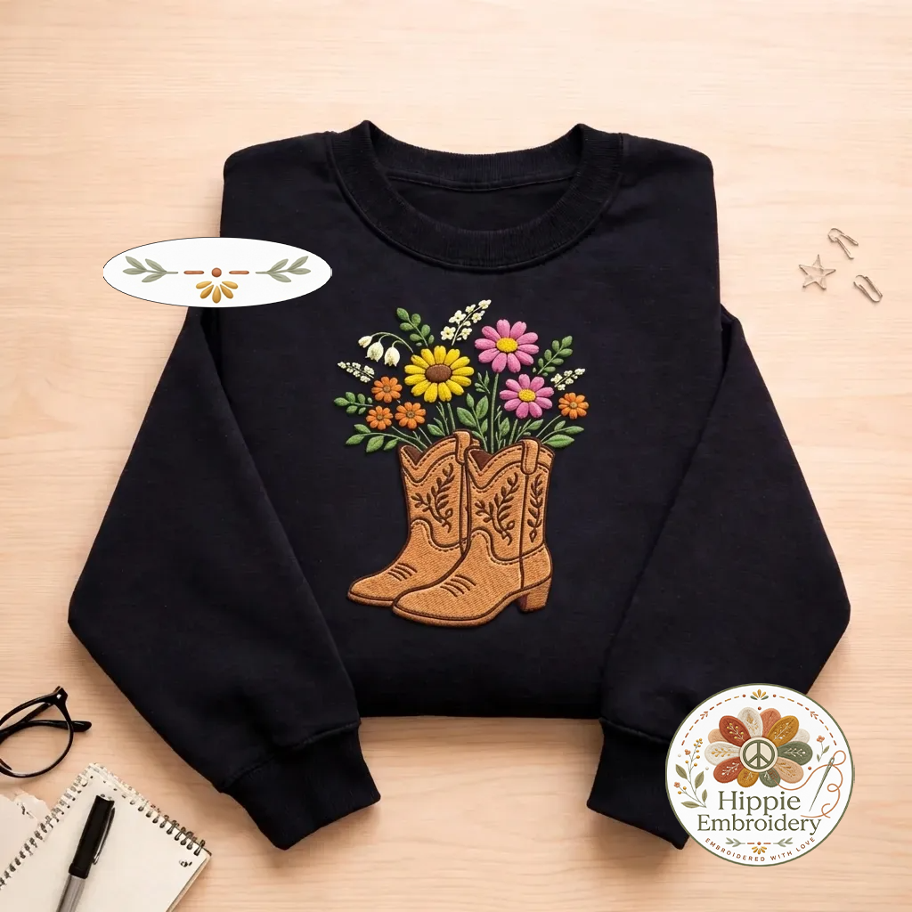 Embroidered Cowboy Boots Floral Sweatshirt, Western Flower Shirt