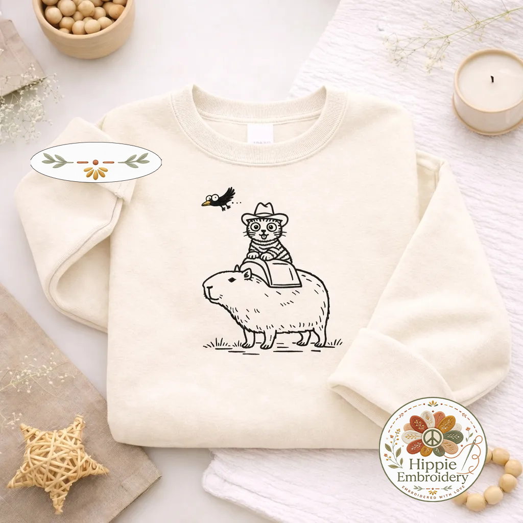 Embroidered Cowboy Cat Riding Capybara Sweatshirt, Western Shirt