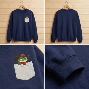 Embroidered Cowboy Frog Faux Pocket Sweatshirt, Western Crewneck