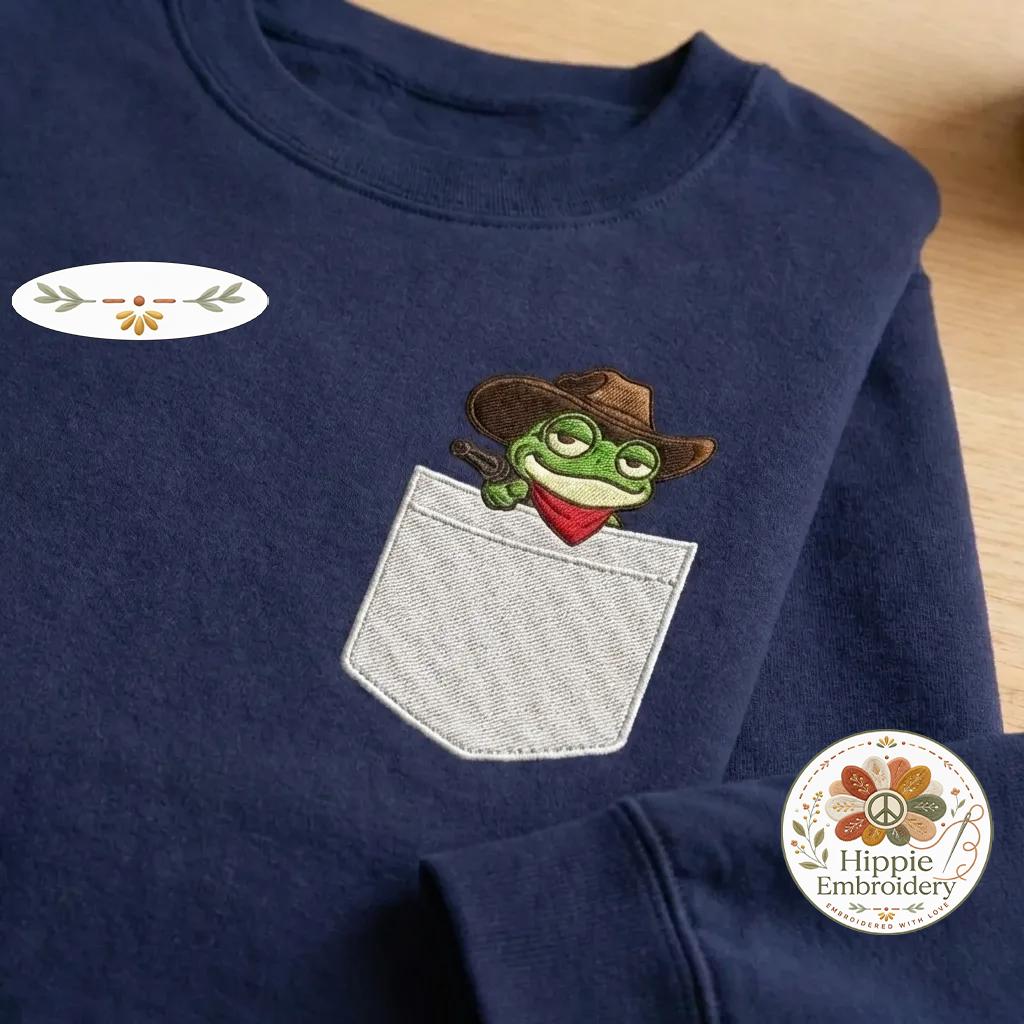 Embroidered Cowboy Frog Faux Pocket Sweatshirt, Western Crewneck