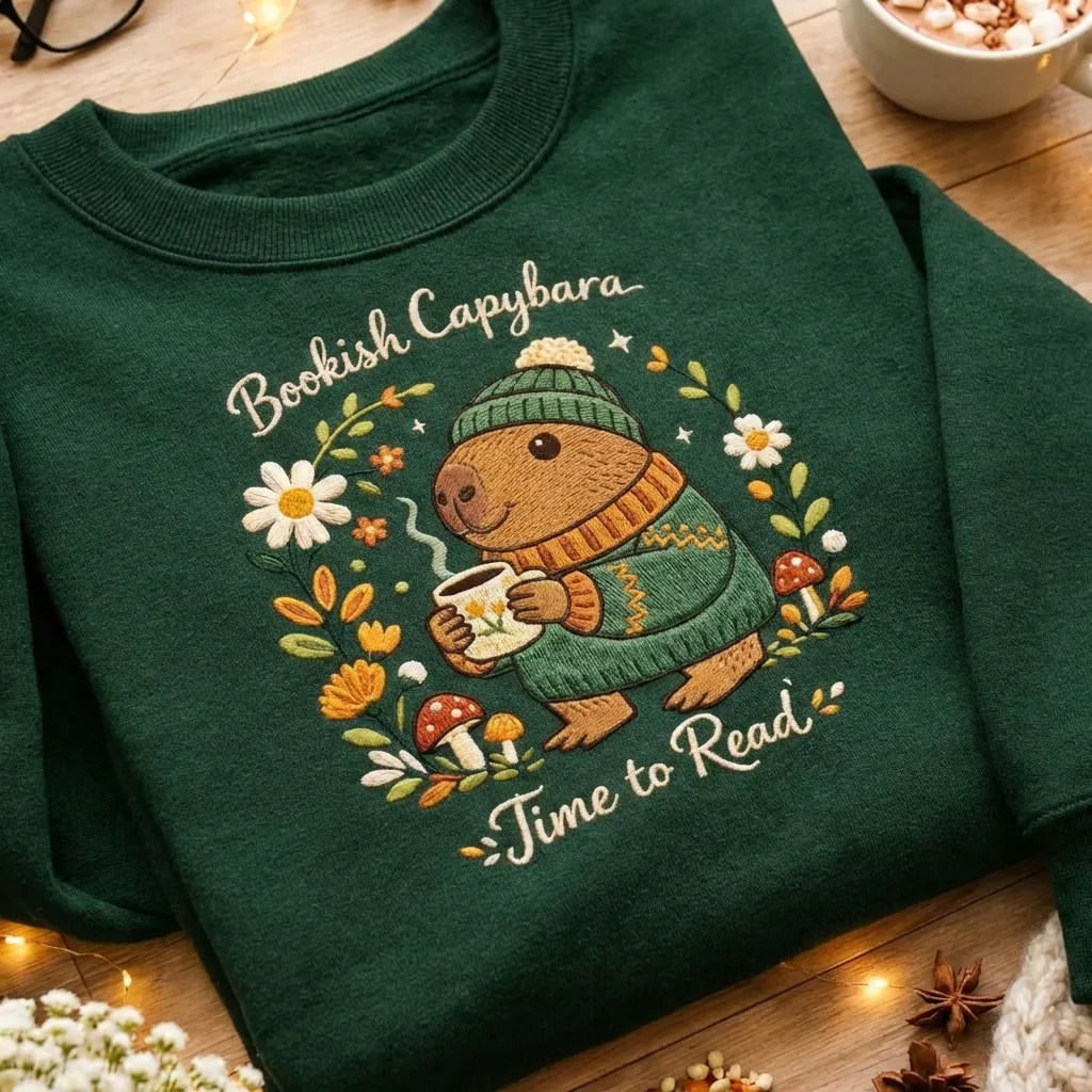 Embroidered Cozy Bookish Capybara Sweatshirt, Cottagecore Top