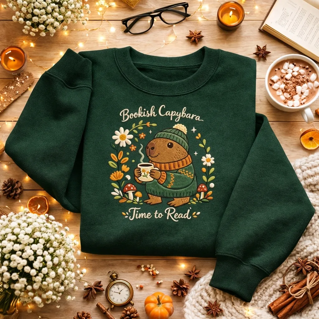 Embroidered Cozy Bookish Capybara Sweatshirt, Cottagecore Top