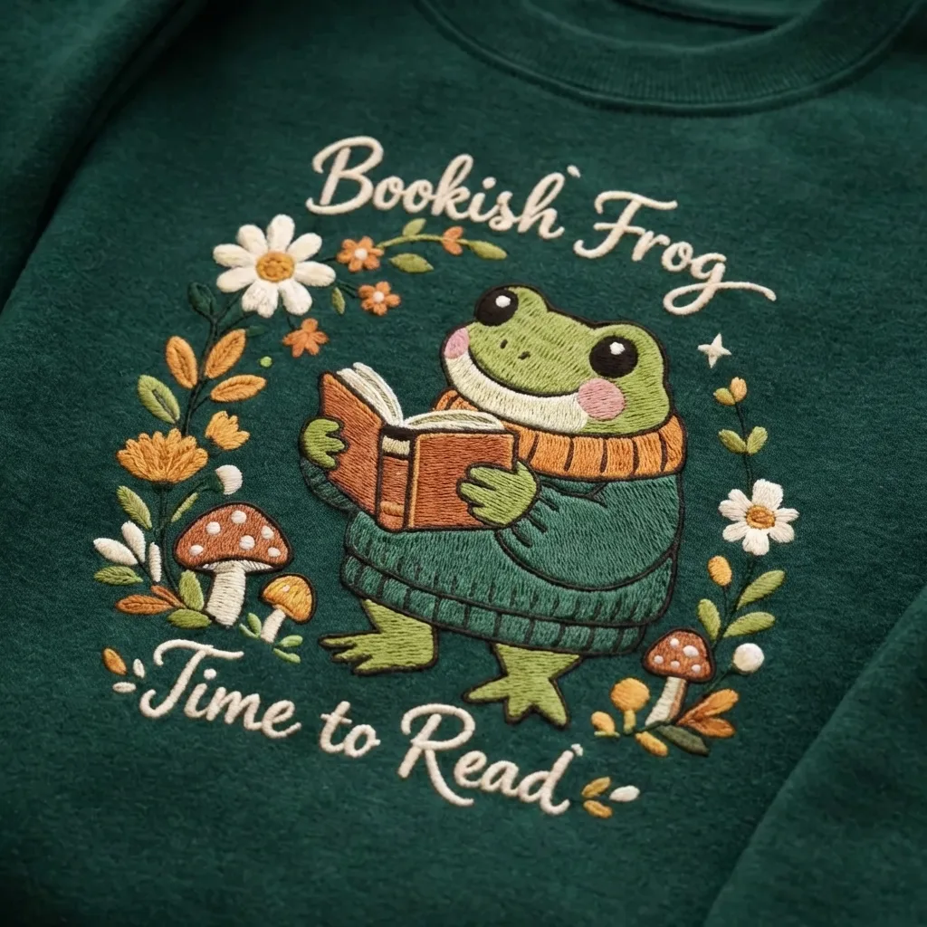 Embroidered Cozy Bookish Frog Sweatshirt, Cottagecore Top