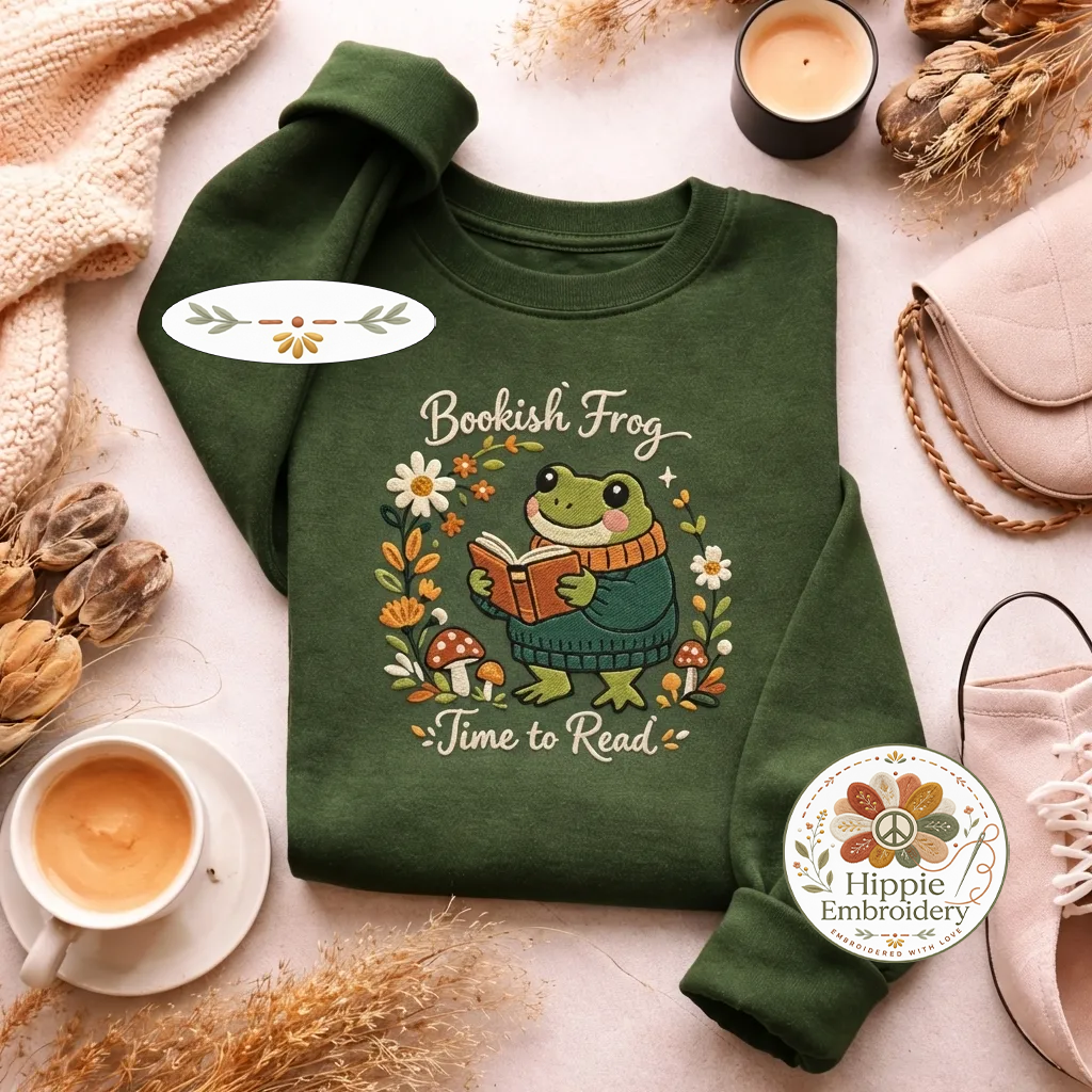 Embroidered Cozy Bookish Frog Sweatshirt, Cottagecore Top