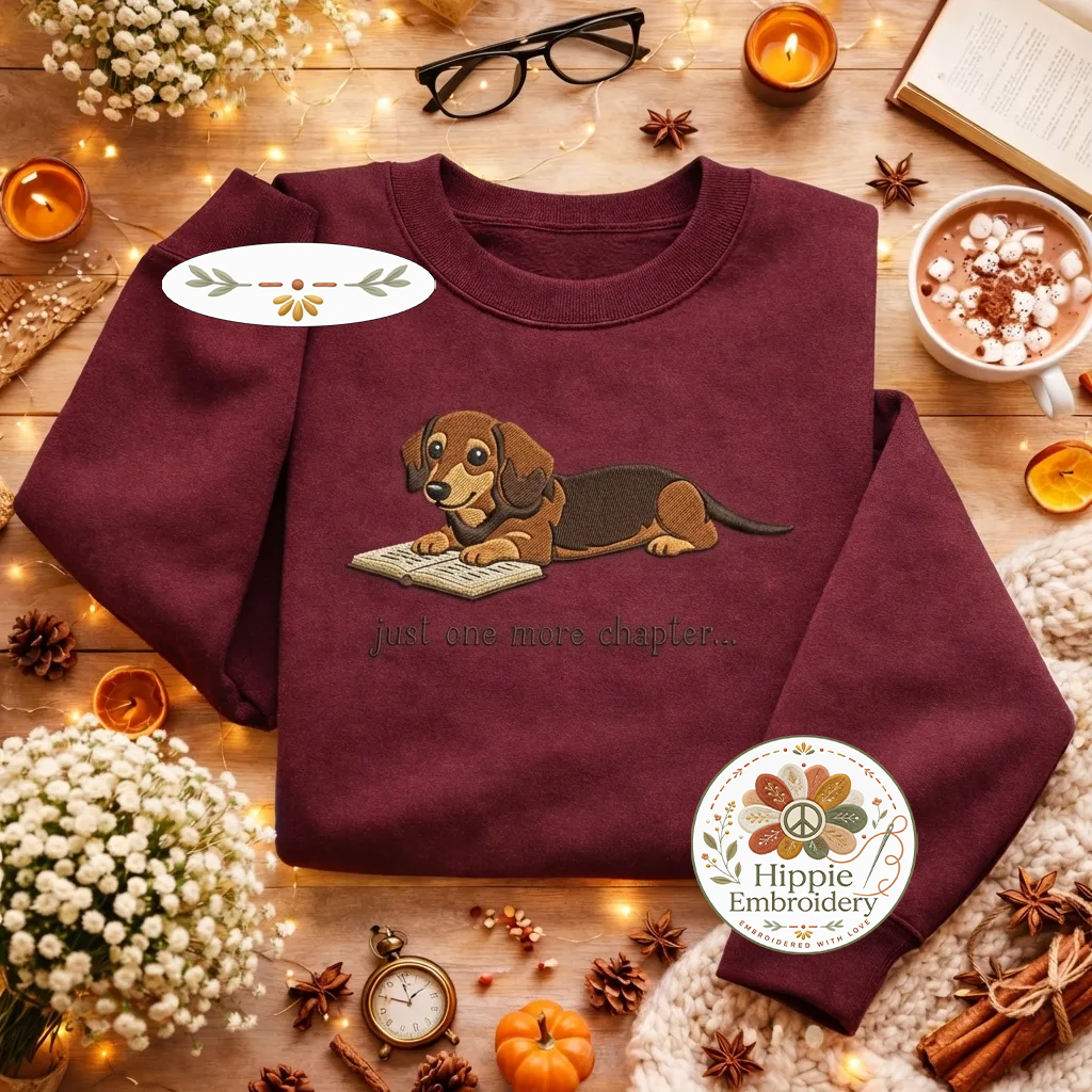 Embroidered Dachshund Reading Book Sweatshirt, Cute Dog Shirt