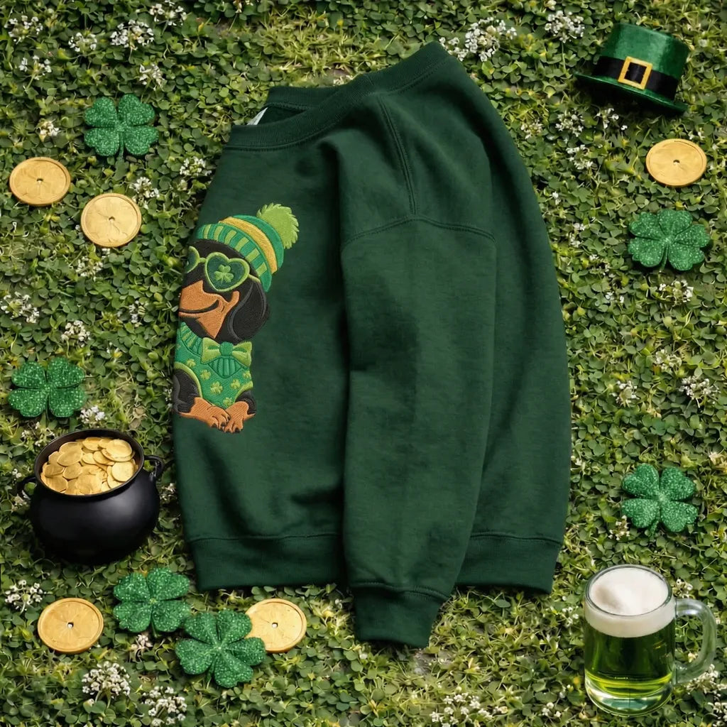 Embroidered Dachshund St Patricks Day Sweatshirt, Funny Dog Top