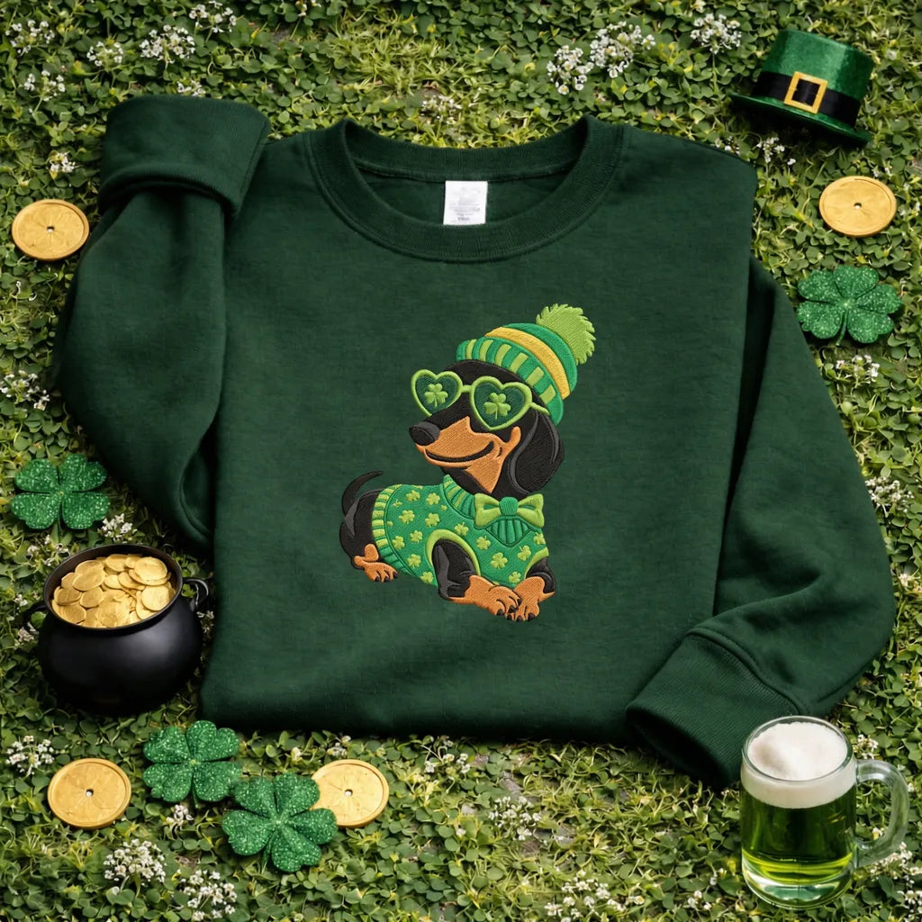 Embroidered Dachshund St Patricks Day Sweatshirt, Funny Dog Top