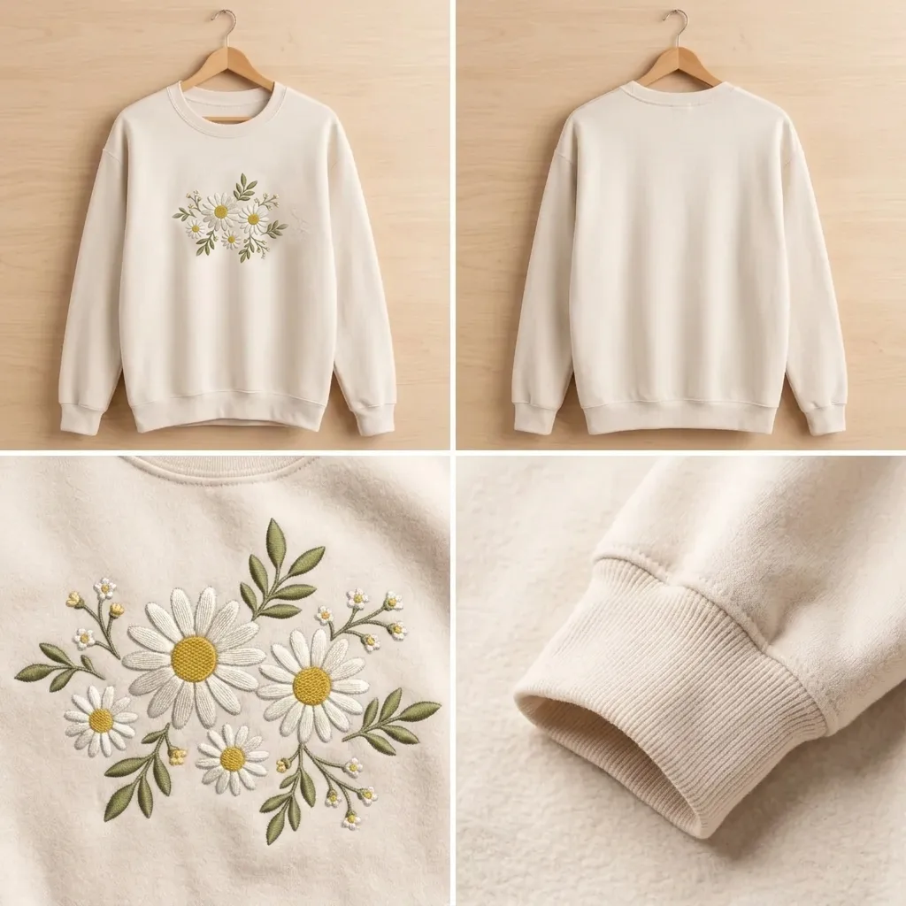 Embroidered Daisy Wildflower Sweatshirt, Cottagecore Floral Crew