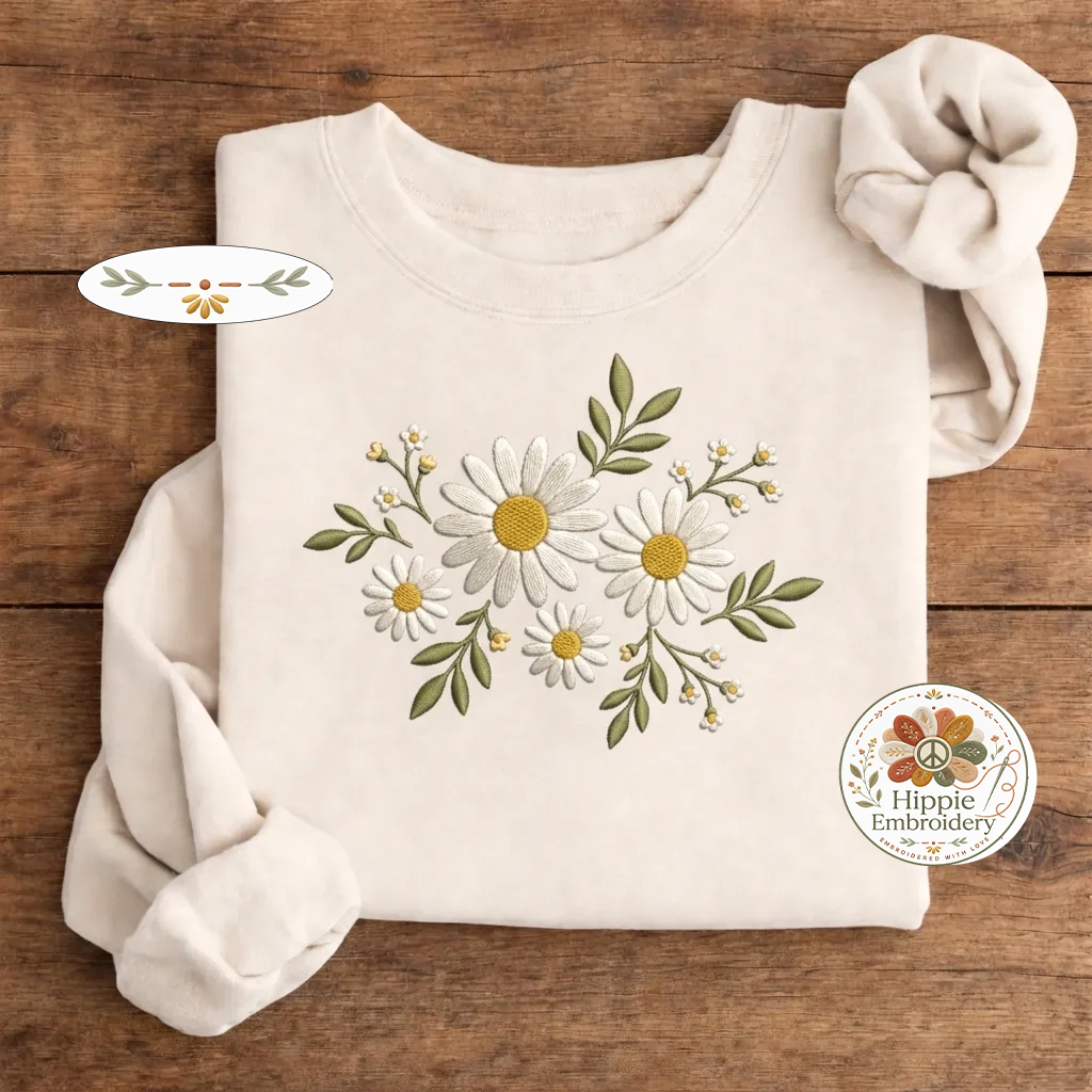 Embroidered Daisy Wildflower Sweatshirt, Cottagecore Floral Crew