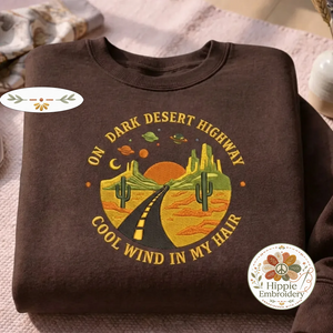 Embroidered Dark Desert Highway Sweatshirt, Cool Wind Crewneck