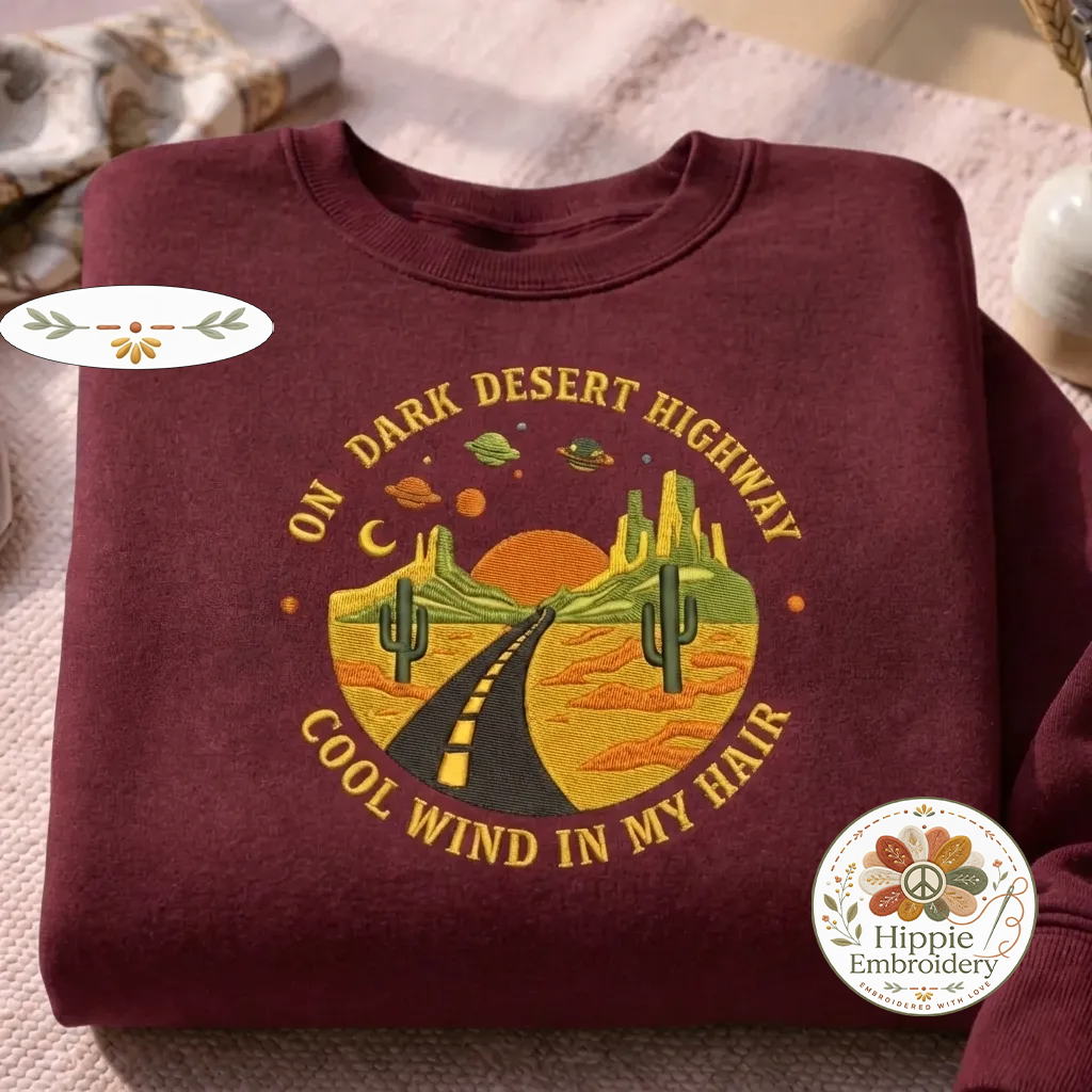 Embroidered Dark Desert Highway Sweatshirt, Cool Wind Crewneck