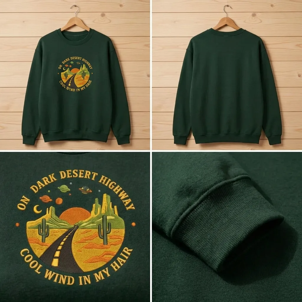 Embroidered Dark Desert Highway Sweatshirt, Cool Wind Crewneck