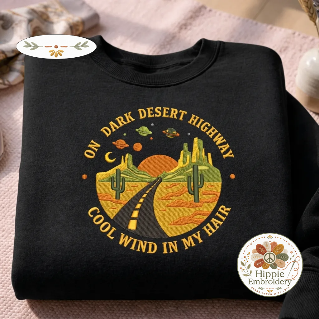 Embroidered Dark Desert Highway Sweatshirt, Cool Wind Crewneck