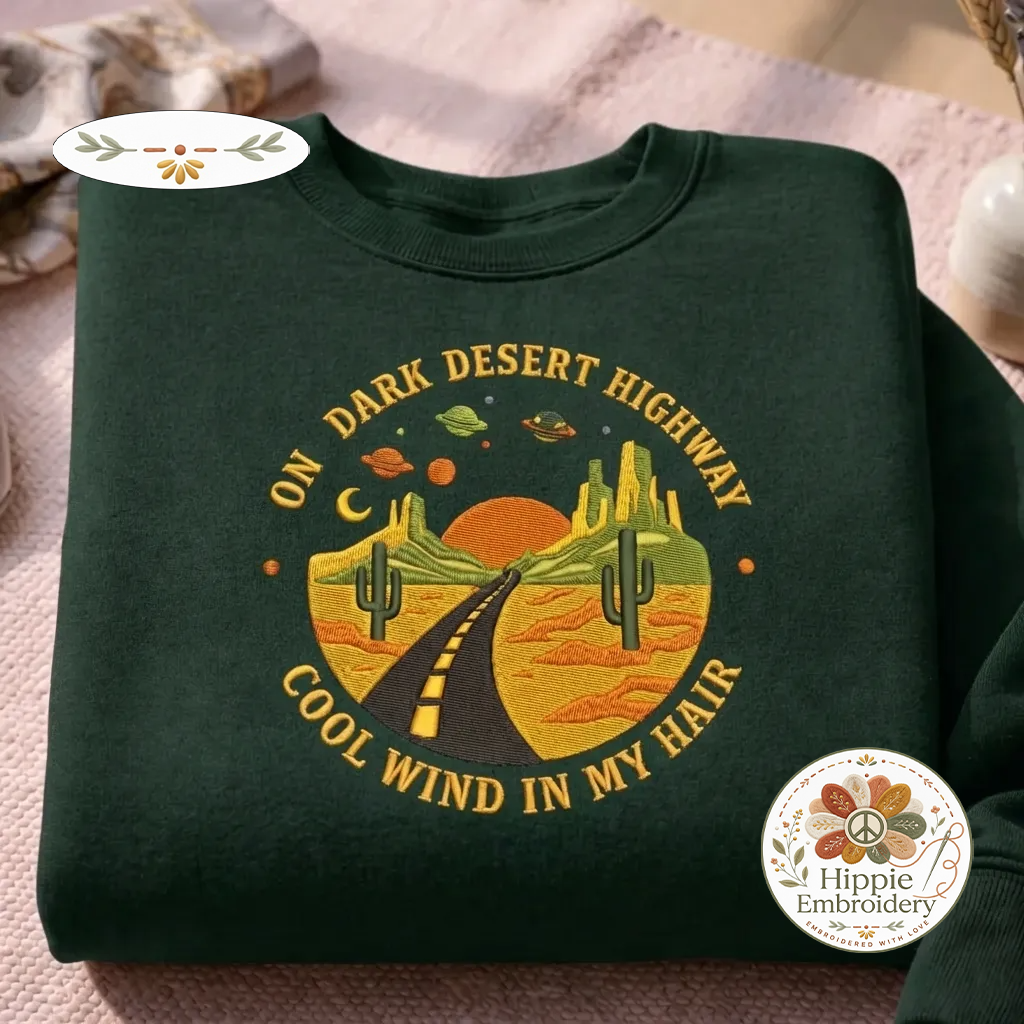 Embroidered Dark Desert Highway Sweatshirt, Cool Wind Crewneck