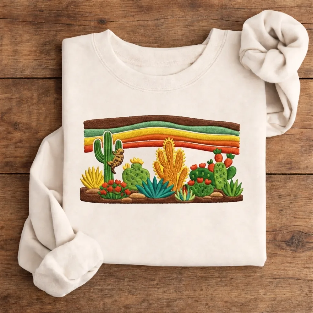 Embroidered Desert Cactus Sweatshirt, Southwest Boho Crewneck