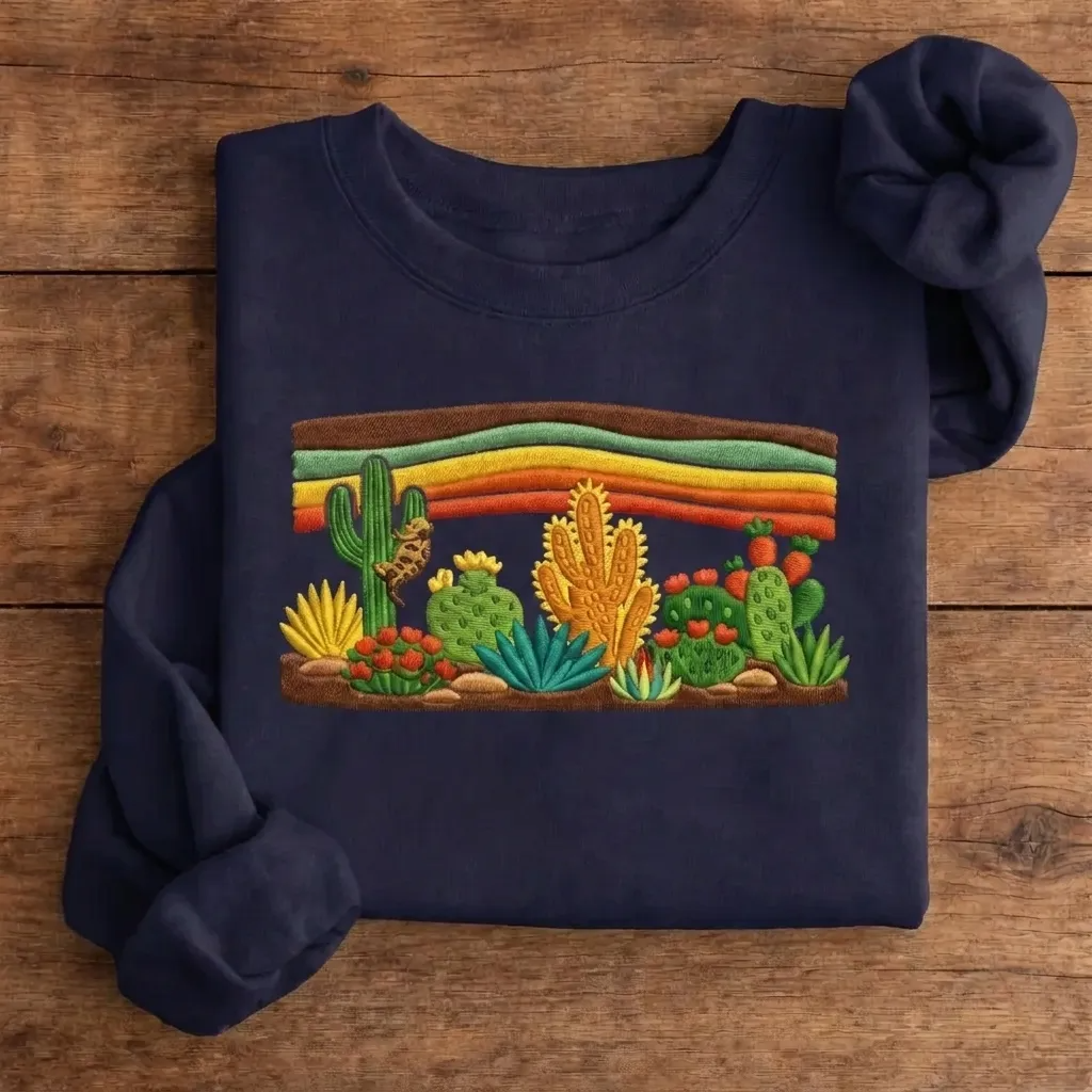 Embroidered Desert Cactus Sweatshirt, Southwest Boho Crewneck