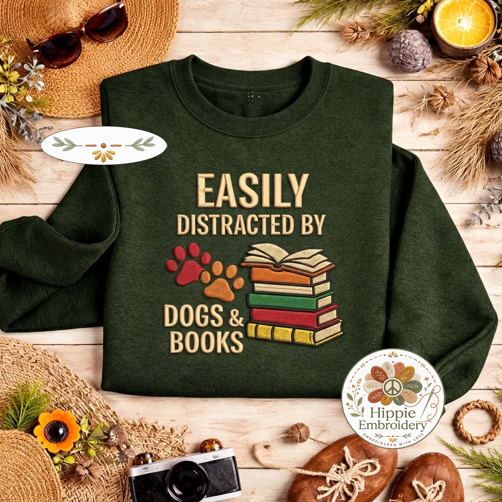 Embroidered Distracted By Dogs Books Sweatshirt, Cute Dog Shirt