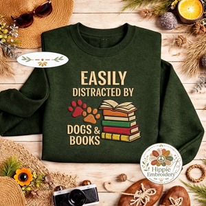 Embroidered Distracted By Dogs Books Sweatshirt, Cute Dog Shirt