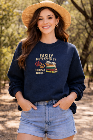 Embroidered Distracted By Dogs Books Sweatshirt, Cute Dog Shirt